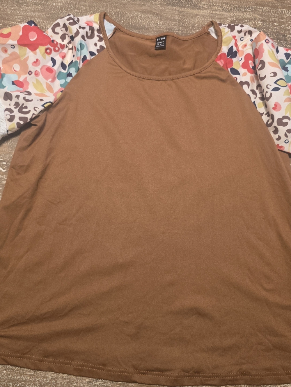 SHEIN Brown Raglan Top with Colorful Floral Leopard Print Sleeves